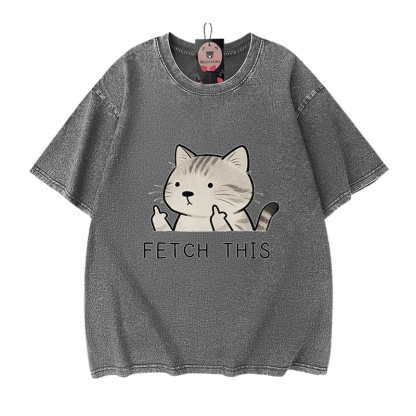 FETCH THIS Cat Graphic Modakawa Vintage Washed 100% Cotton T-shirt - Grey - 5XL - image 9