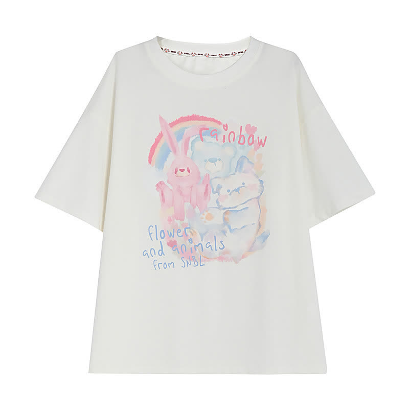 Rainbow Bunny Letter Print Matching Best Friends Loose T-Shirt - White - L - image 4
