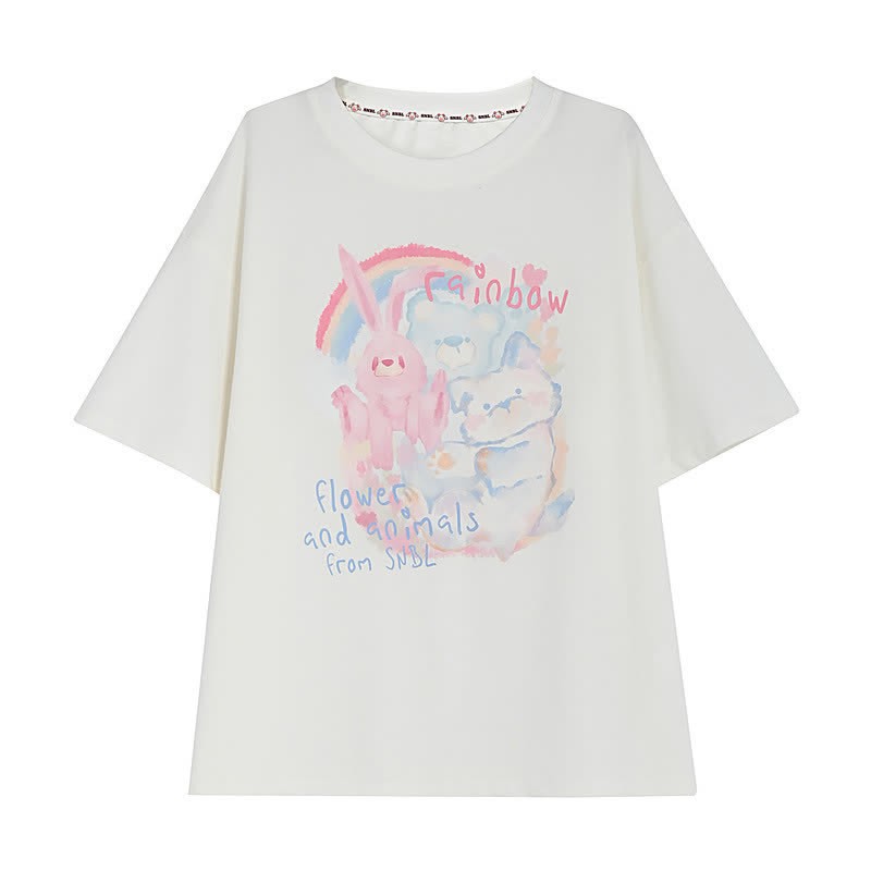 Rainbow Bunny Letter Print Matching Best Friends Loose T-Shirt - White - L - image 4