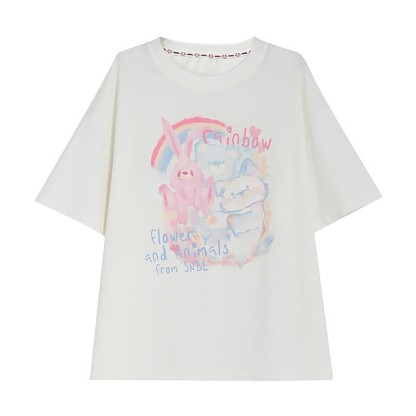 Rainbow Bunny Letter Print Matching Best Friends Loose T-Shirt - White - L - image 4