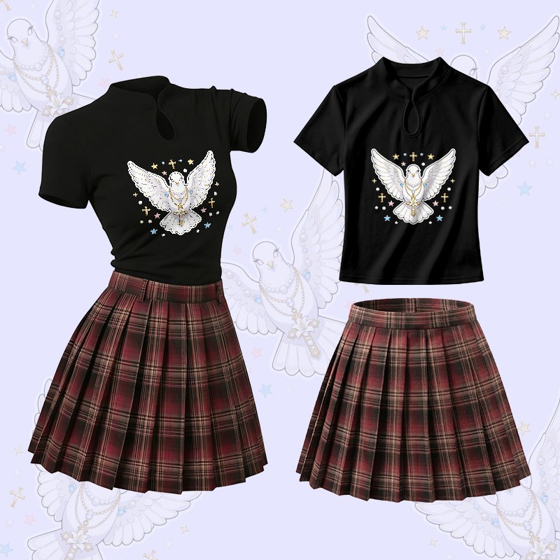 Holy Dove Cross Graphic Vintage Buckle T-shirt Plaid Skirt Modakawa Two Pieces Set - Set B - L - image 2