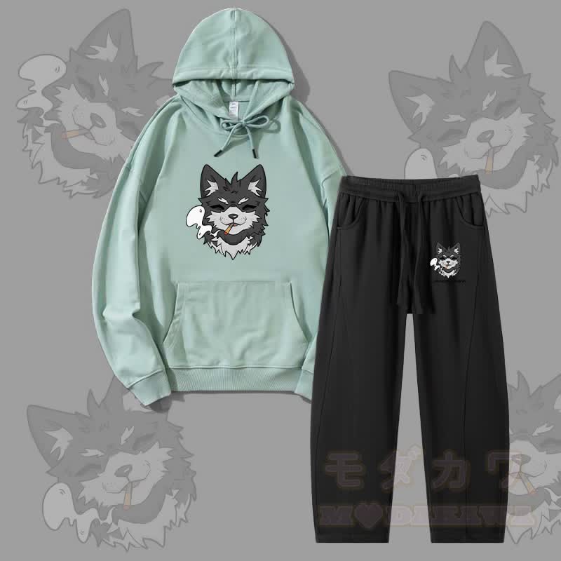 MODAKAWA Koda Smoking Puppy Graphic Hoodie Men Drawstring Pants Two Pieces Set - Green&Black - 4XL - image 4