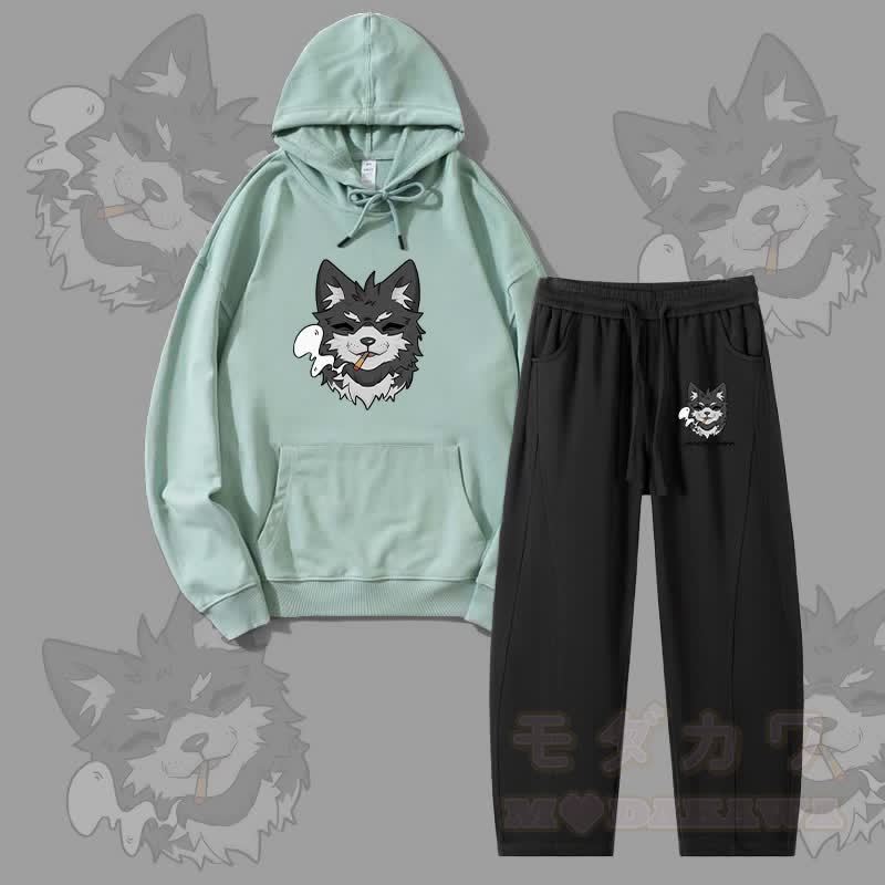 MODAKAWA Koda Smoking Puppy Graphic Hoodie Men Drawstring Pants Two Pieces Set - Green&Black - 4XL - image 4