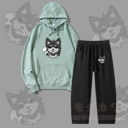 MODAKAWA Koda Smoking Puppy Graphic Hoodie Men Drawstring Pants Two Pieces Set - Green&Black - 4XL - image 4