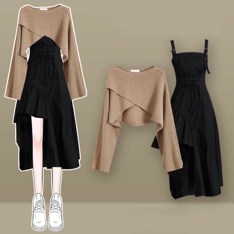 Cross Knit Sweater Lace Up Irregular Ruffled Slip Dress Matching Outfit - Khaki Sweater+Black Dress A - XL - image 3