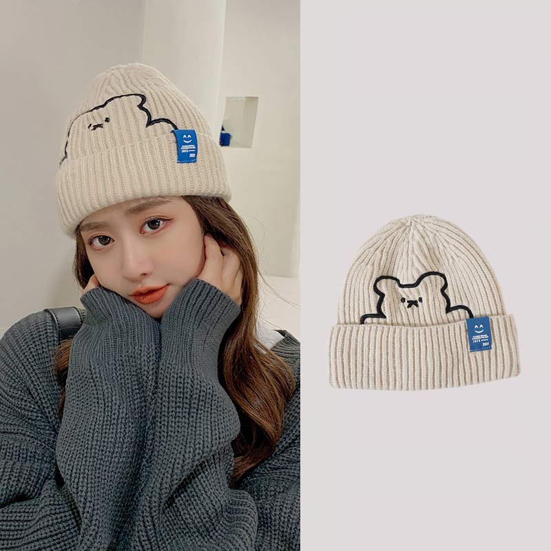 Cartoon Bear Embroidery Knit Hat - image 1