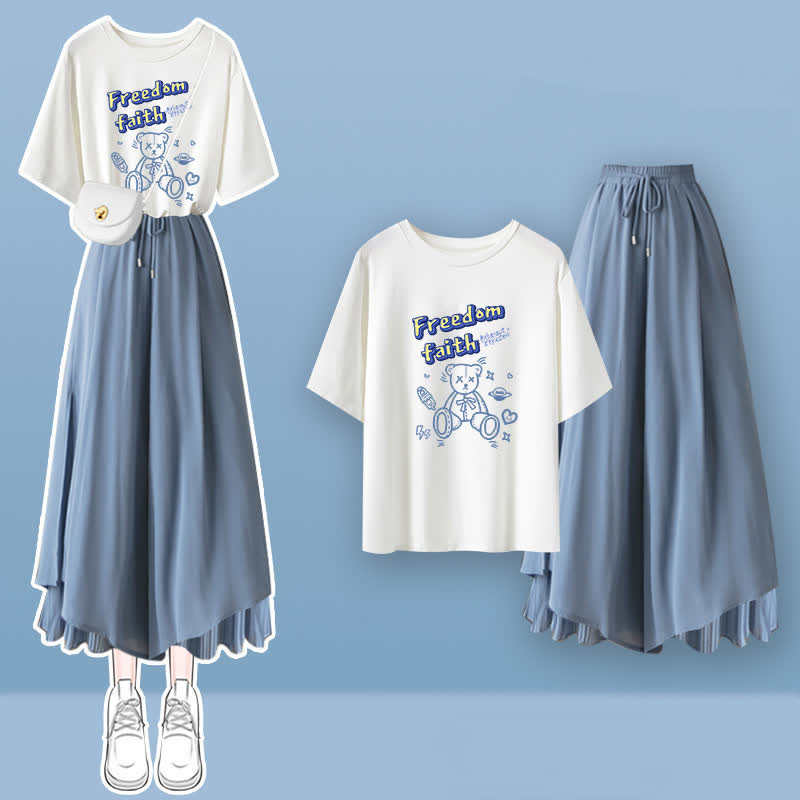 Cartoon Bear Letter Print T-Shirt Pantskirt Matching Outfit - image 1