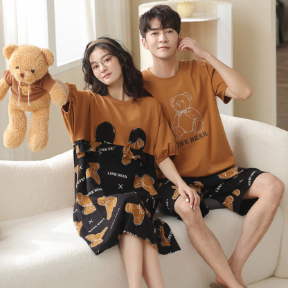 Girlfriend Boyfriend Cartoon Bear Letter Print Cotton Pajamas Set - image 6