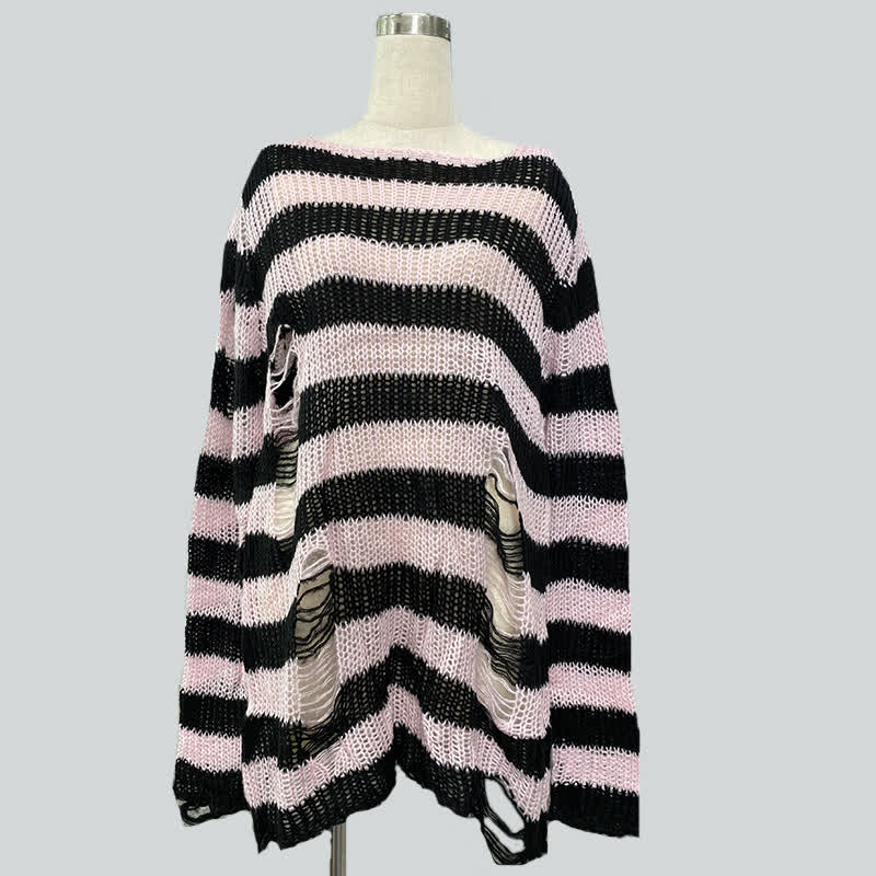 Oversized Striped Hollow Out Ripped Long Sleeve Knit Sweater - Black & Pink - One Size - image 8
