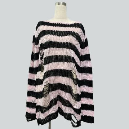 Oversized Striped Hollow Out Ripped Long Sleeve Knit Sweater - Black & Pink - One Size - image 8