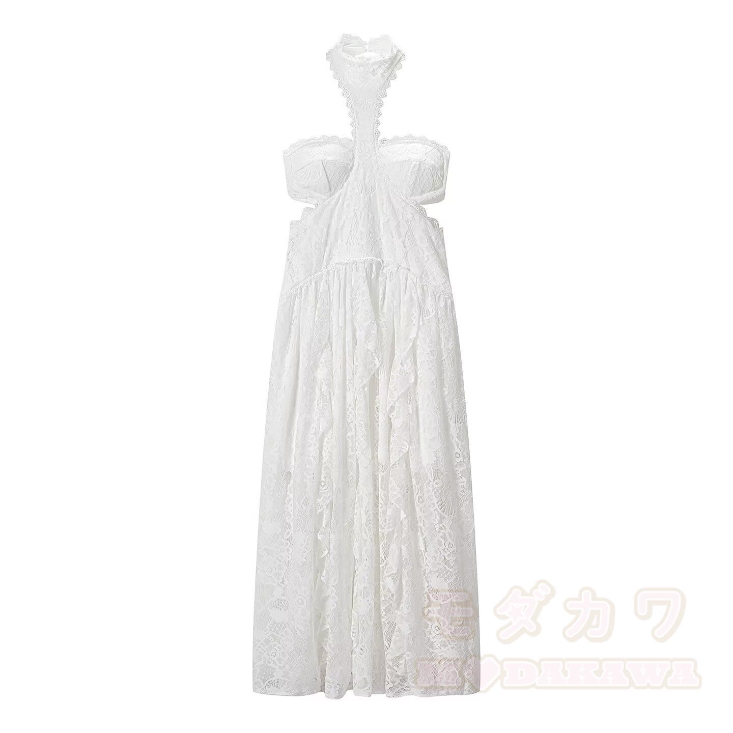 Elegant Lace Trim Halter Party Dress - White - L - image 5