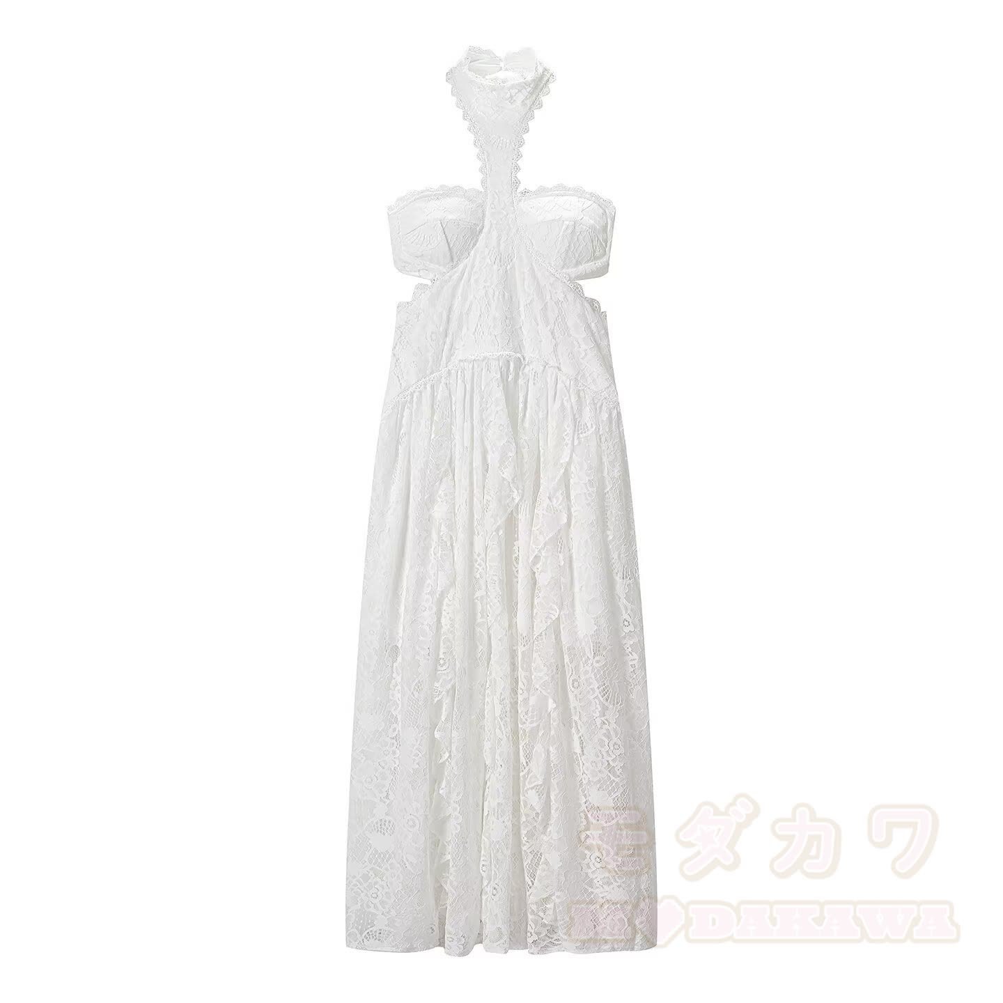 Elegant Lace Trim Halter Party Dress - White - L - image 5
