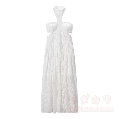 Elegant Lace Trim Halter Party Dress - White - L - image 5