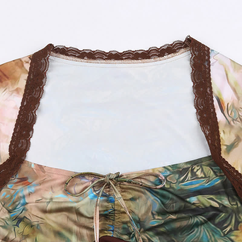 Vintage Floral Print Lace Up Square Collar Slim Top - image 7