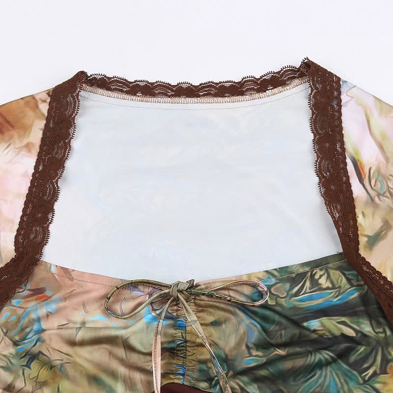 Vintage Floral Print Lace Up Square Collar Slim Top - image 7