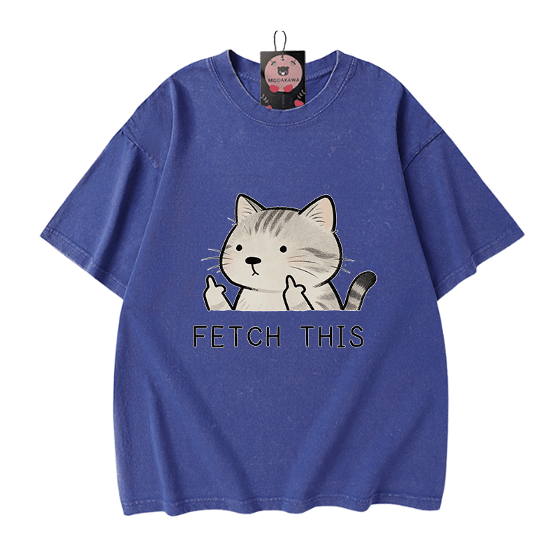 FETCH THIS Cat Graphic Modakawa Vintage Washed 100% Cotton T-shirt - Blue - 5XL - image 4