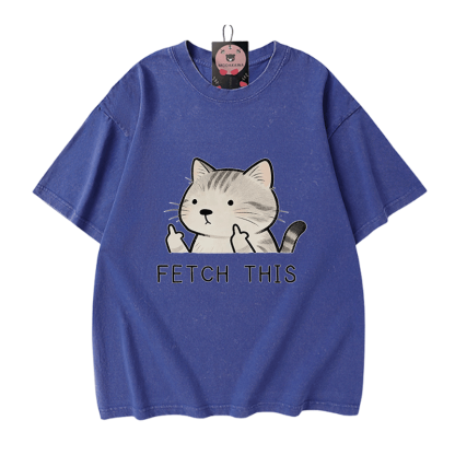 FETCH THIS Cat Graphic Modakawa Vintage Washed 100% Cotton T-shirt - Blue - 5XL - image 4