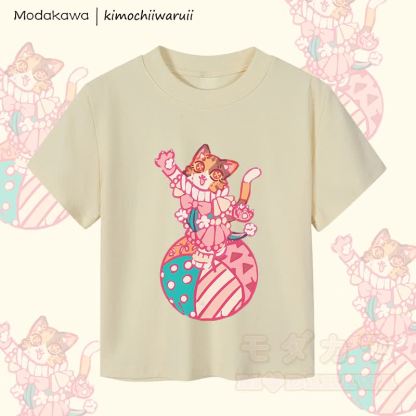 MODAKAWA X kimochiiwaruii Circus Cat Graphic Women's Cropped T-Shirt 92% Combed Cotton Crop Top - Apricot - XL - image 3