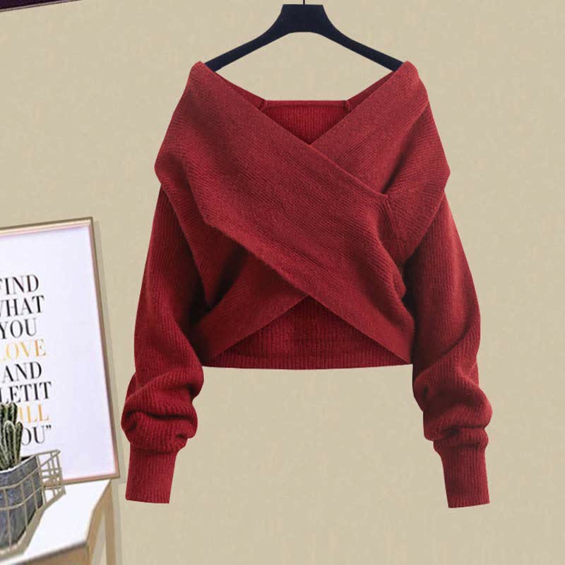 Cross Knit Sweater Lapel Shirt Denim Pants Matching Outfit - Red Sweater - XL - image 12