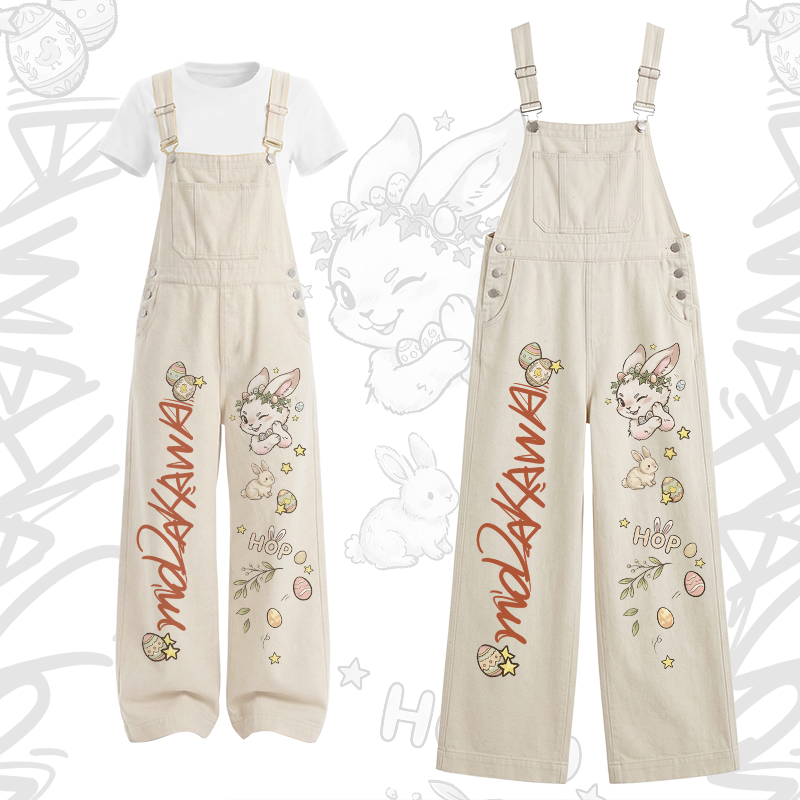 Bunny Graphic U-Neck T-shirt Cargo Overalls Modakawa Two Pieces Set - Set B - XL - image 2