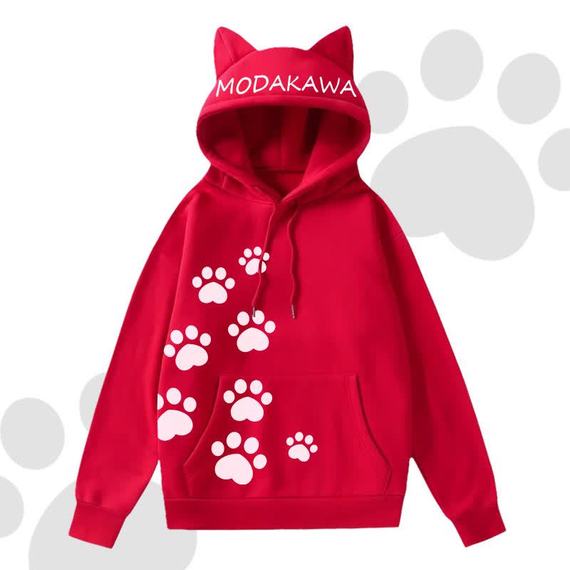 MODAKAWA Cat Paw Print Hoodie Striped Star Layered Skirt Two Pieces Set - Red Top B - 2XL - image 7