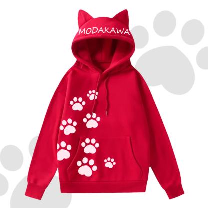 MODAKAWA Cat Paw Print Hoodie Striped Star Layered Skirt Two Pieces Set - Red Top B - 2XL - image 7