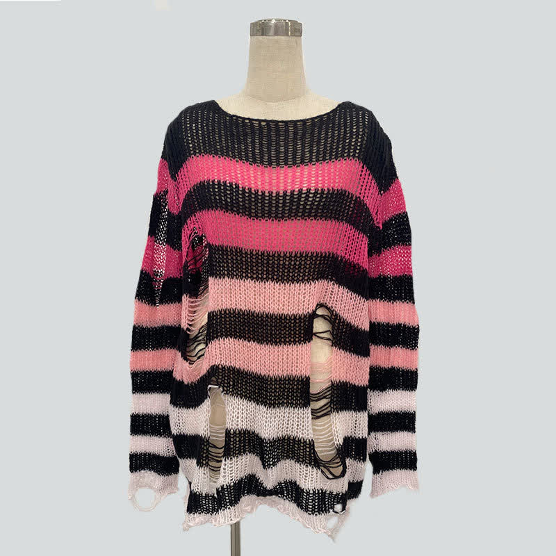 Gradient Loose Distressed Ripped Striped Knit Sweater - image 5