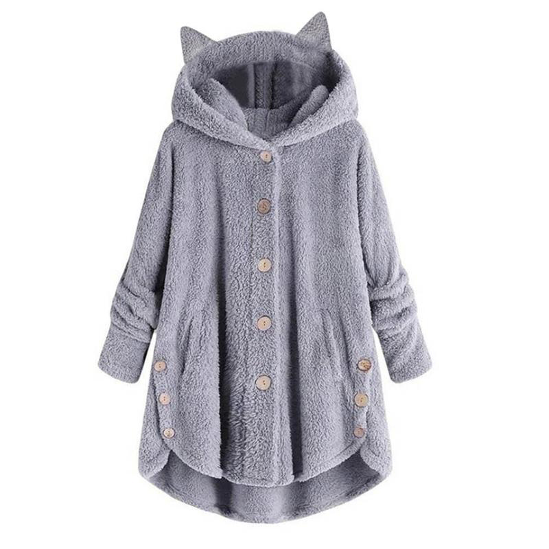 Kitty Ear Button Irregular Hooded Sweatshirt - Light Gray - 5XL - image 6