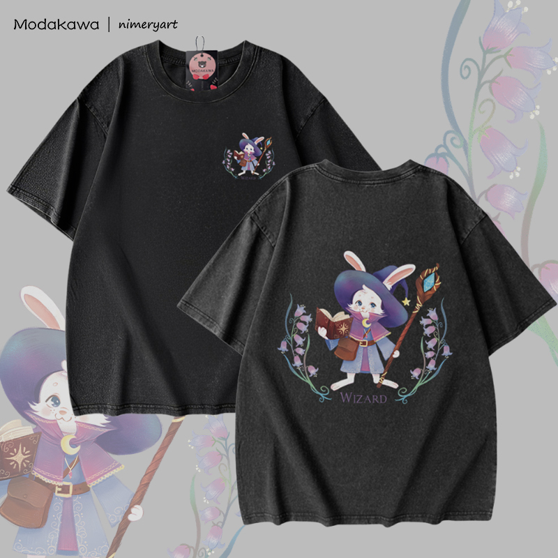 MODAKAWA X nimeryart WIZARD Rabbit Graphic Unisex Vintage Washed T-shirt - Black - 5XL - image 3