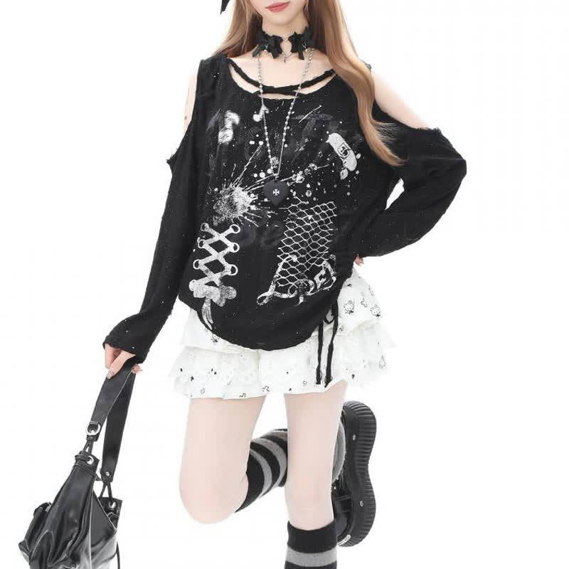 Y2K  Distressed Graffiti Cutout Off Shoulder Long Sleeve T-Shirt - image 5