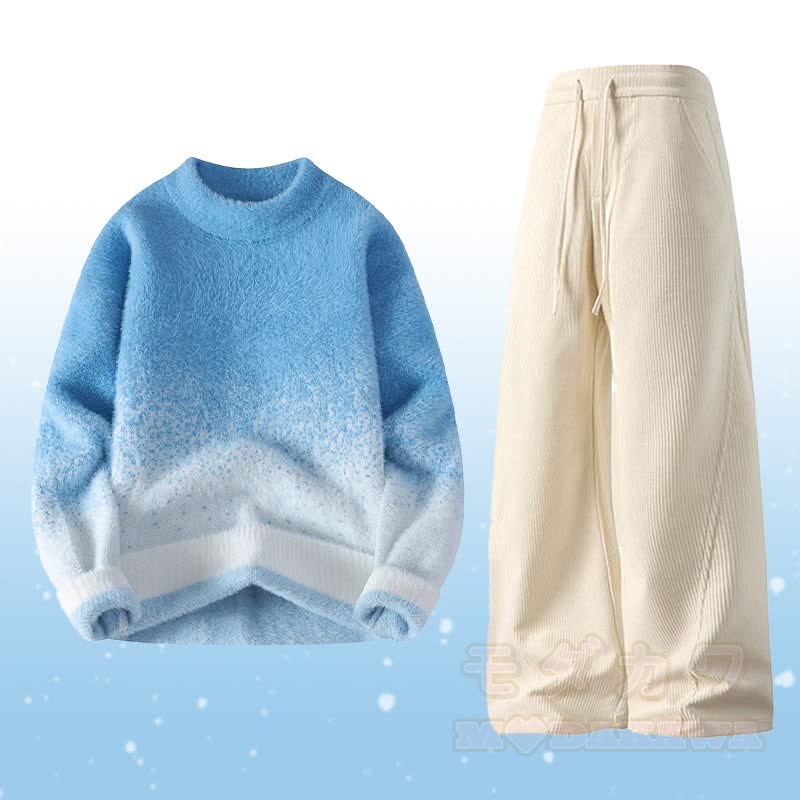 Gradient Knit Fuzzy Sweater Corduroy Pants Two Pieces - Set C - 4XL - image 3