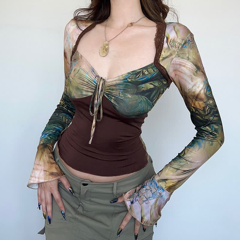 Vintage Floral Print Lace Up Square Collar Slim Top - image 3