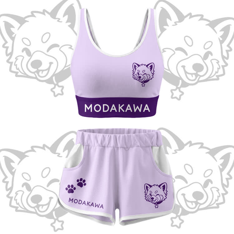 Wink Puppy Graphic Crop Tank Sport Top Shorts Bikini Modakawa Matching Outfit - Purple Set - 5XL - image 14