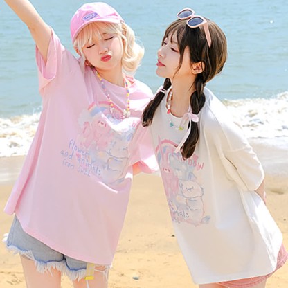 Rainbow Bunny Letter Print Matching Best Friends Loose T-Shirt - image 9