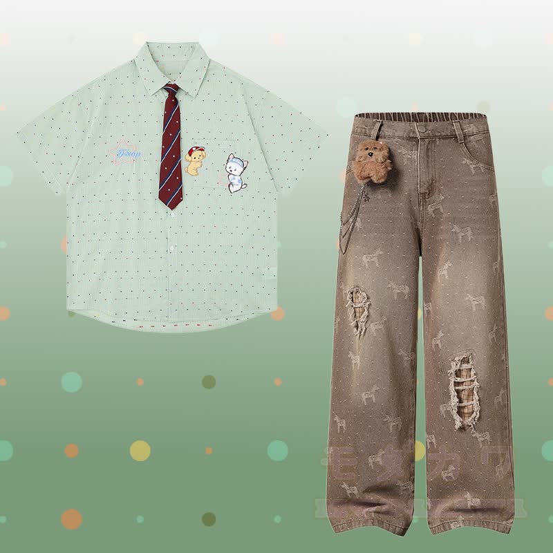 Puppy Embroidery Tie Gingham Shirt 3D Bear Chain Ripped Denim Pants Modakawa Matching Outfit - Set C - XL - image 3