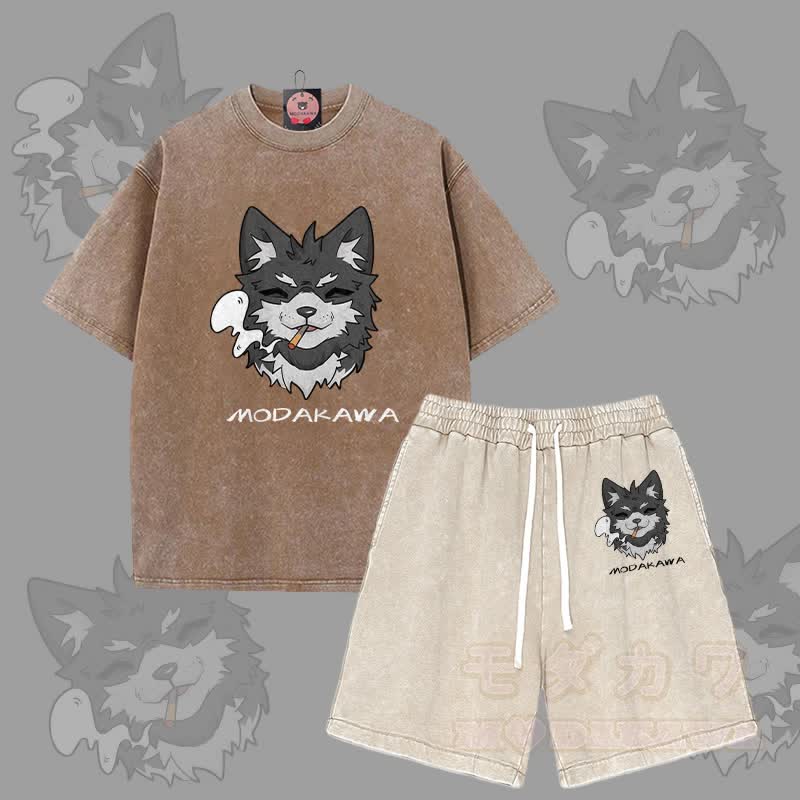 MODAKAWA Smoking Puppy Graphic Vintage Washed T-shirt Shorts Two Pieces Set - Brown&Apricot - 3XL - image 7