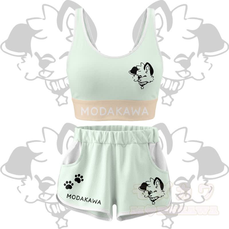 MODAKAWA X popipeko Puppy Graphic Crop Tank Sport Top Shorts Bikini Matching Outfit - Green Set - 5XL - image 14