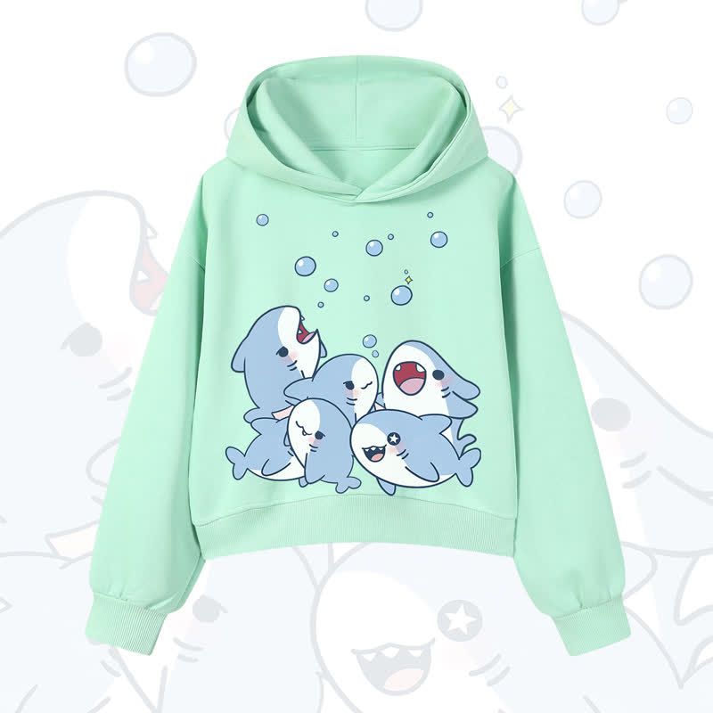 MODAKAWA Bubble Sharks Print Cropped Cotton Hoodie - Green - 3XL - image 9