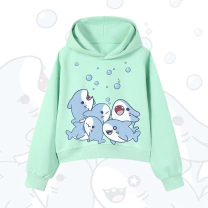 MODAKAWA Bubble Sharks Print Cropped Cotton Hoodie - Green - 3XL - image 9