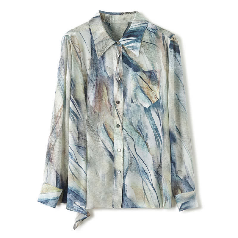 Vintage Print Long Sleeve Pocket Lapel Shirt Workwear - Blue - 2XL - image 2