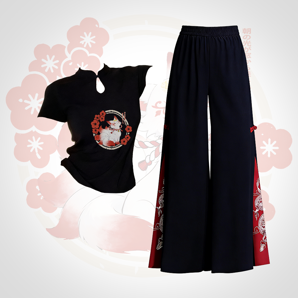 Nine Tailed Fox Graphic Buckle T-shirt Embroidered Ethnic Wide-Leg Pants Modakawa Two Pieces Set - Set B - L - image 2