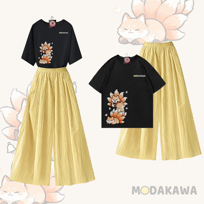 Nine Tails Fox Graphic 100% Cotton T-shirt Wide Leg Pants Modakawa Two Pieces Set - Black & Yellow - XL - image 3