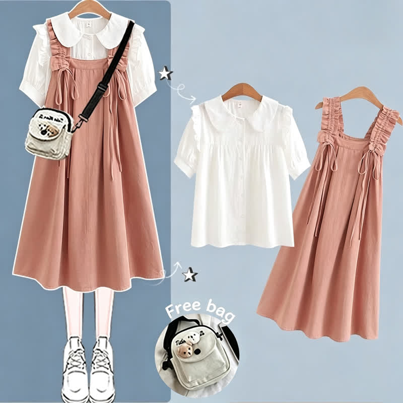 College Style Short Sleeve Shirt Strap Dress Two Pieces Set  - Pink Set B - XL - image 5