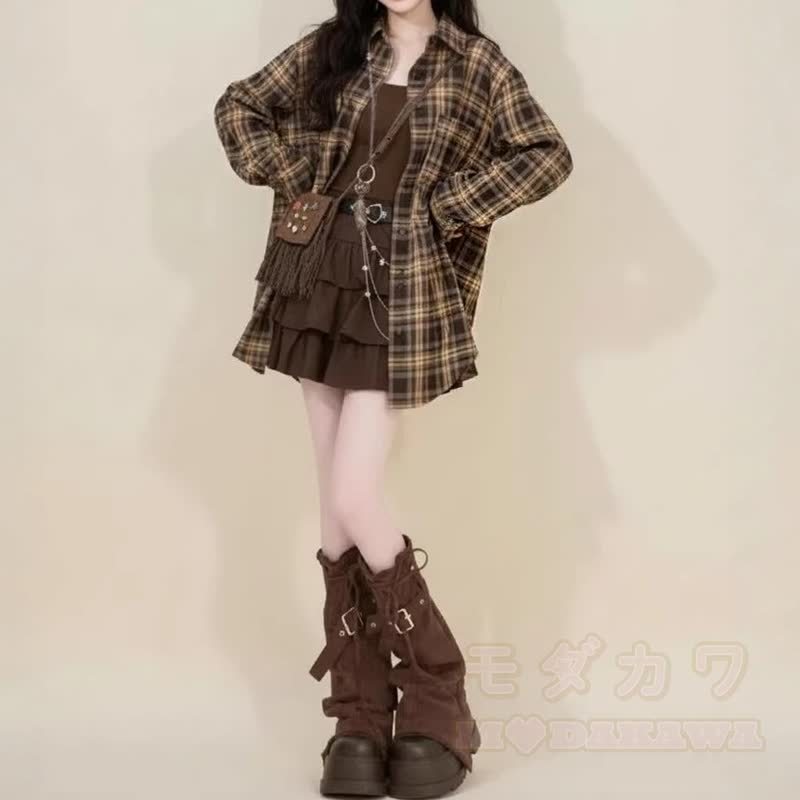 Vintage Plaid Long Sleeve Shirt Sweet Ruffle Tiered Skirt Two Pieces Set - image 7