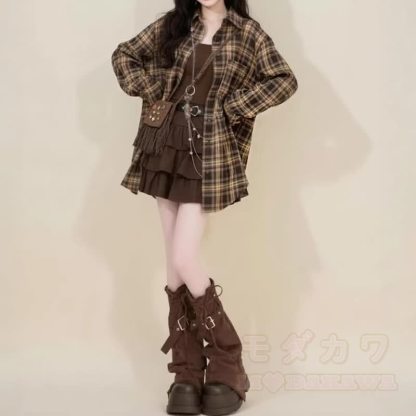 Vintage Plaid Long Sleeve Shirt Sweet Ruffle Tiered Skirt Two Pieces Set - image 7
