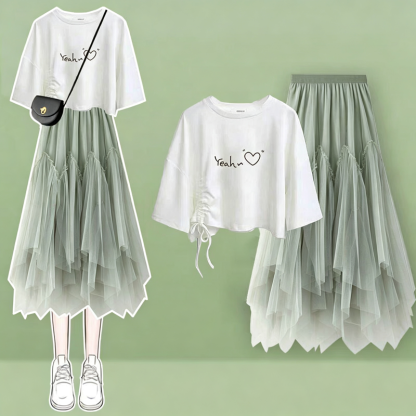  College Style Print Short Sleeve T-shirt Irregular Tulle Skirt Two Pieces Set - Green Set E - XL - image 5