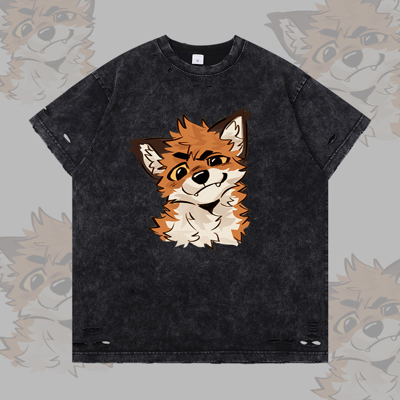 MODAKAWA X atka Funny Fox Graphic Ripped T-shirt - Black - 2XL - image 2
