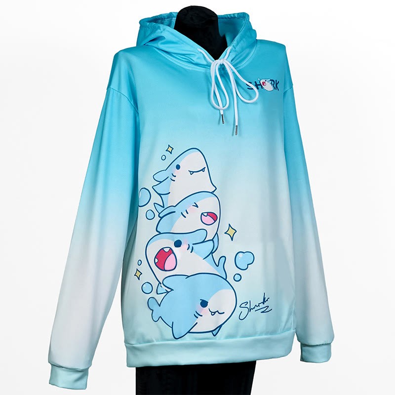 Modakawa Shark Letter Print Loose Hoodie - Blue&White - 6XL - image 5