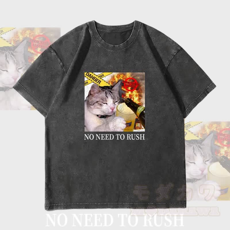 MODAKAWA NO NEED TO RUSH Drinking Cat Graphic Unisex Vintage Washed T-Shirt - Black - 4XL - image 4