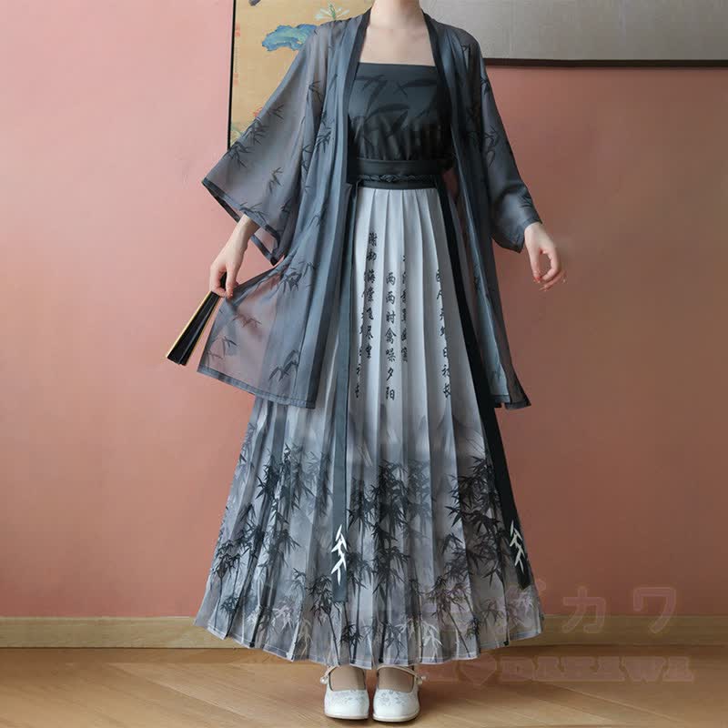 Vintage Ink Print Cami Top Sheer Robe Pleated Skirt Matching Outfit - Black Set - XL - image 7